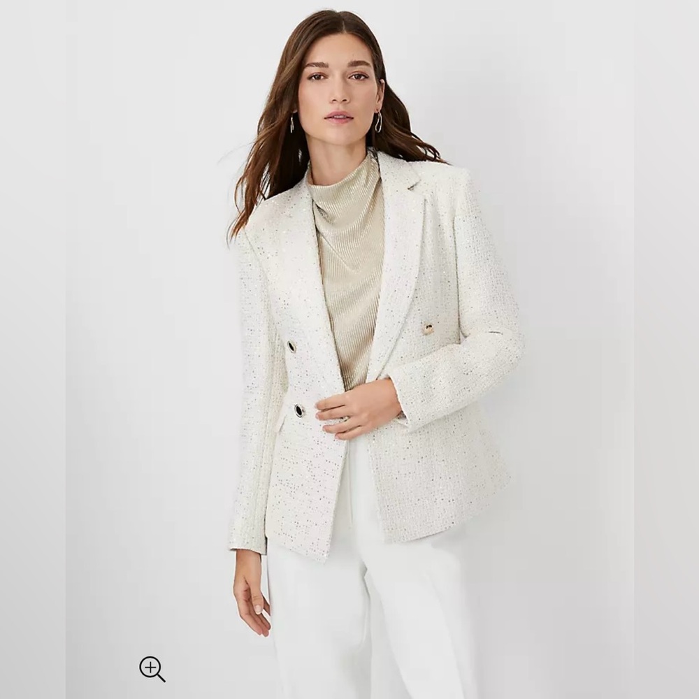 Ann Taylor Off-White Sequin Tweed Double-Breasted Blazer